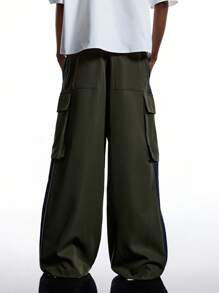 LYSMO 女士休闲百搭纯色阔腿工装裤 - 綠色 - 查看 2