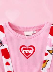 THE POWERPUFF GIRLS X SHEIN Young Girl's Sweet Heart & Blossom Pattern Flare Hem 2 In 1 Long Sleeve Dress, Autumn/Winter - Pink - View 6