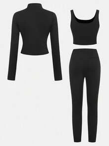 SHEIN Mädchen Tween-Outfit mit schwarzer Strickjacke mit Reißverschluss, Top und Leggings, 3 Stücke Sportset, geeignet für Lässig-Alltag, Yoga und Sport - Schwarz - Übersicht 2