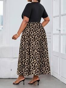 SHEIN Lady Abiti eleganti da ufficio casual boho per primavera ed estate, in maglia con stampa leopardata, collo rotondo, maniche corte a campana, con cintura, midi, taglie comode, abiti estivi da donna, outfit estivi da donna - Multicolore - Visualizzare 2