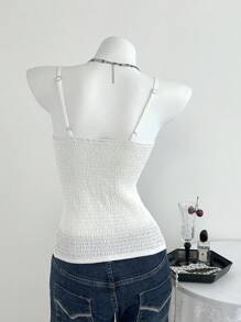 Elamini Áo hai dây ngắn tay ôm vừa vặn, thường ngày, đa năng, phối ren ngọt ngào - trắng - Xem 4