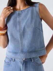 LYSMO Women's Casual Light Blue Denim Suit,Sleeveless Vest And Loose Pants Set,Summer Everyday Office Wear,Western Retro Y2K Streetwear,Festival Rave Outfit - Light Wash - View 3