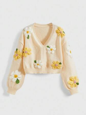 Women's Casual Cute 3D Floral Decor Drop Shoulder Knit Cardigan