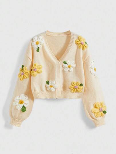 Damen Lässig Cute 3D Blumen Dekor Drop-Shoulder Strickjacke