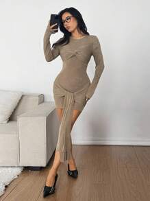 SHEIN EZwear 女士时尚纯色扭纹缎面长袖迷你连衣裙 - 棕色 - 查看 5