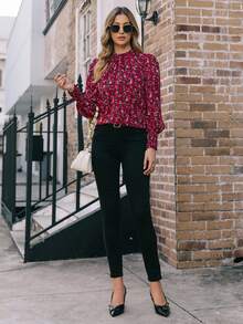 EMERY ROSE 全身花卉印花荷叶边领灯笼袖衬衫，适合新年衣服，长袖上衣 - 紅色 - 查看 3