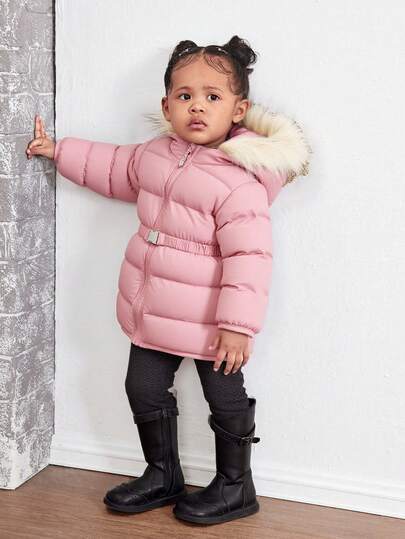 Babygirl Cute Solid Color Fleece Hooded Padded Coat, Versatile For Autumn/Winter Fall