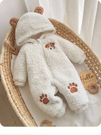 SHEIN 新生男婴可爱卡通小狗刺绣长袖连帽拉链前毛绒连体衣，舒适秋冬装