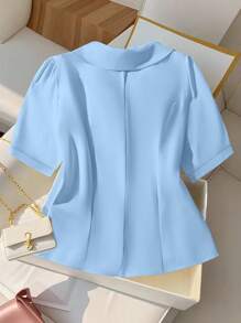 Franclia Blusa de manga corta con botones de unicolor elegante para mujer de talla grande - Azul - Ver 2