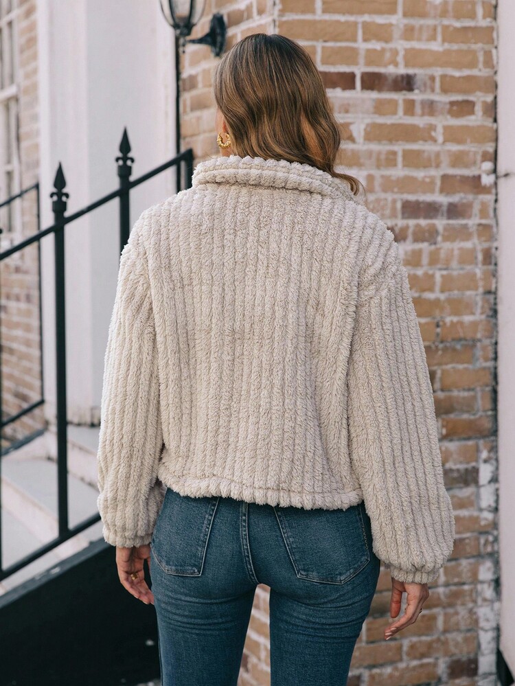 EMERY ROSE Flap Detail Fluffy Jacket - Apricot - View 2