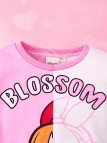 THE POWERPUFF GIRLS X SHEIN 年轻女孩可爱花朵印花撞色落肩宽松圆领运动衫和裤子两件套，秋冬 - 粉色 - 查看 6