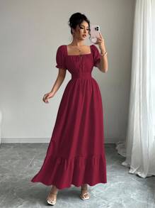 Selianne Đầm casual kẻ sọc thanh lịch mới mùa xuân/hè, kiểu dáng xếp ly eo, cổ tròn, dây buộc vai, tay phồng, viền bèo, thoải mái cho công sở và kỳ nghỉ. - Màu Đỏ Sâu - Xem 5