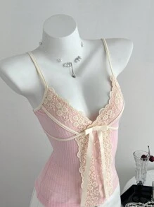 Elamini Women's Casual Lace Patchwork Knit Camisole, Autumn/Winter - Pink - View 1