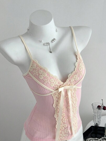 Elamini Women's Casual Lace Patchwork Knit Camisole, Autumn/Winter