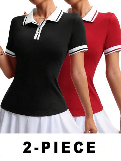 SHEIN Sports Women's Casual Contrast Trim Button-Up Short Sleeve Polo Shirt, Summer 2pieces