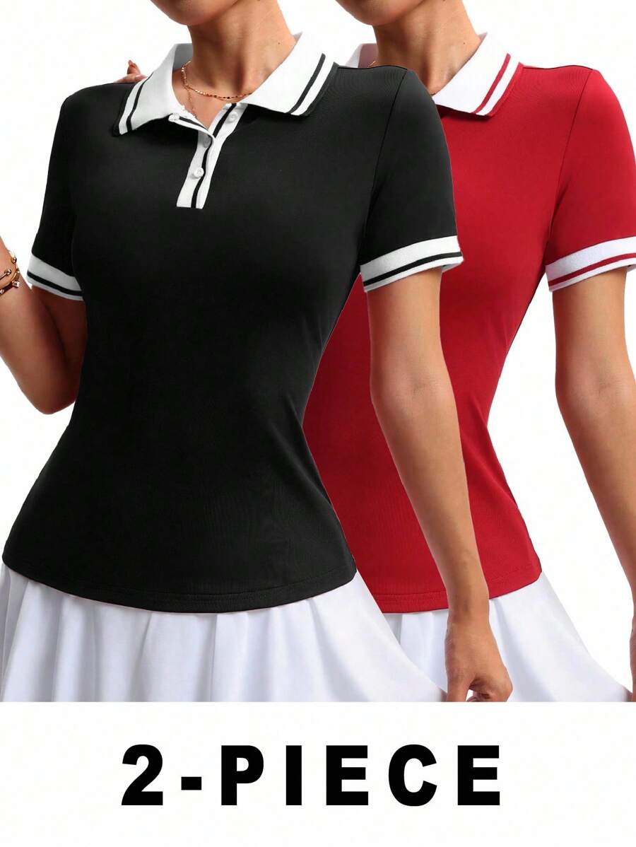 Velisys Velisys Women's Casual Contrast Trim Button-Up Short Sleeve Polo Shirt, Summer 2pieces - Multicolor - View 1