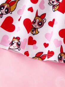 THE POWERPUFF GIRLS X SHEIN Young Girl's Sweet Heart & Blossom Pattern Flare Hem 2 In 1 Long Sleeve Dress, Autumn/Winter - Pink - View 5