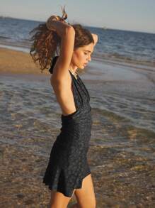 Aralina 女式露背褶饰花卉蕾丝优雅度假装迷你连衣裙 - 黑色 - 查看 3