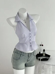 Flirla Parte superior con cuello de halter, botones y volantes a rayas para volver al colegio - Púrpura malva - Ver 1