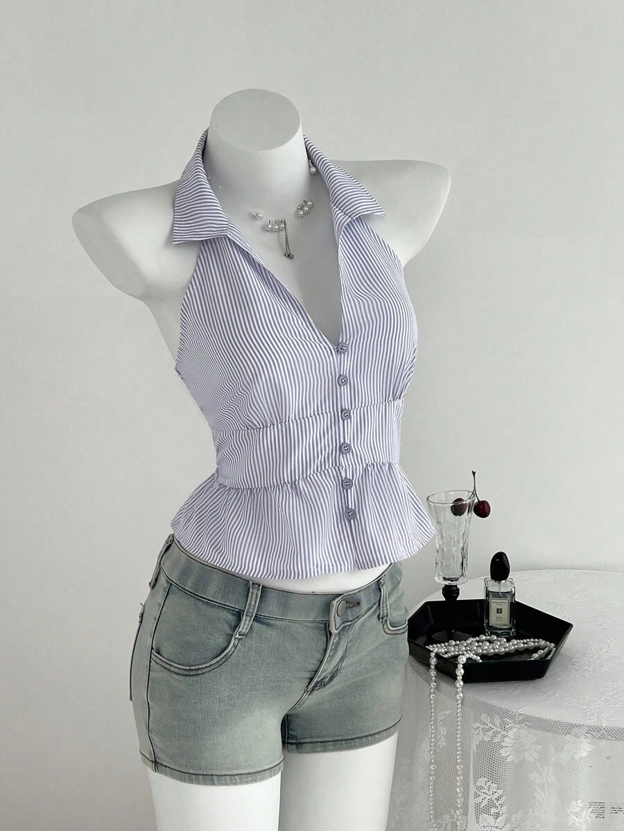 Flirla Parte superior con cuello de halter, botones y volantes a rayas para volver al colegio - Púrpura malva - Ver 1