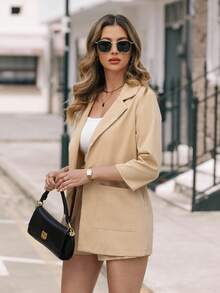EMERY ROSE 西裝領開門襟西裝外套帶附腰帶短褲 - 卡其色 - 查看 3