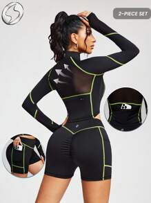 Innovista Woman Contrast Stitching Sports Sets Sophisticated Two Tone Design Workout Clothes Athletic Outfits Training Breathable Active Crop Top Zip Up Jacket T-Shirt With Booty Lifting Shorts Phone Card Pocket Bottom Two Pieces Daily Yoga Cycle Biker HIIT Office To Court Brunch To Gym Two Pieces Multi Function Athleisure All Day Stretchy Activewear Look Utilitarian Chic, Neon Line