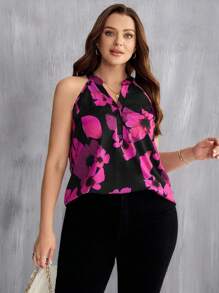 SHEIN LUNE 大码印花翻领无袖休闲衬衫，夏季度假女装，适合海滩、外出、办公室、教师等场合，女士印花衬衫 - 黑色 - 查看 5