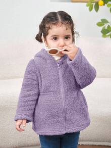 SHEIN Áo khoác dài tay có mũ trùm đầu mềm mại dành cho trẻ sơ sinh/trẻ mới biết đi, thích hợp cho các hoạt động ngoài trời, tiệc tùng và vui chơi, mùa thu/đông - Màu tím hoa cà - Xem 3