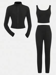 SHEIN Mädchen Tween-Outfit mit schwarzer Strickjacke mit Reißverschluss, Top und Leggings, 3 Stücke Sportset, geeignet für Lässig-Alltag, Yoga und Sport - Schwarz - Übersicht 3