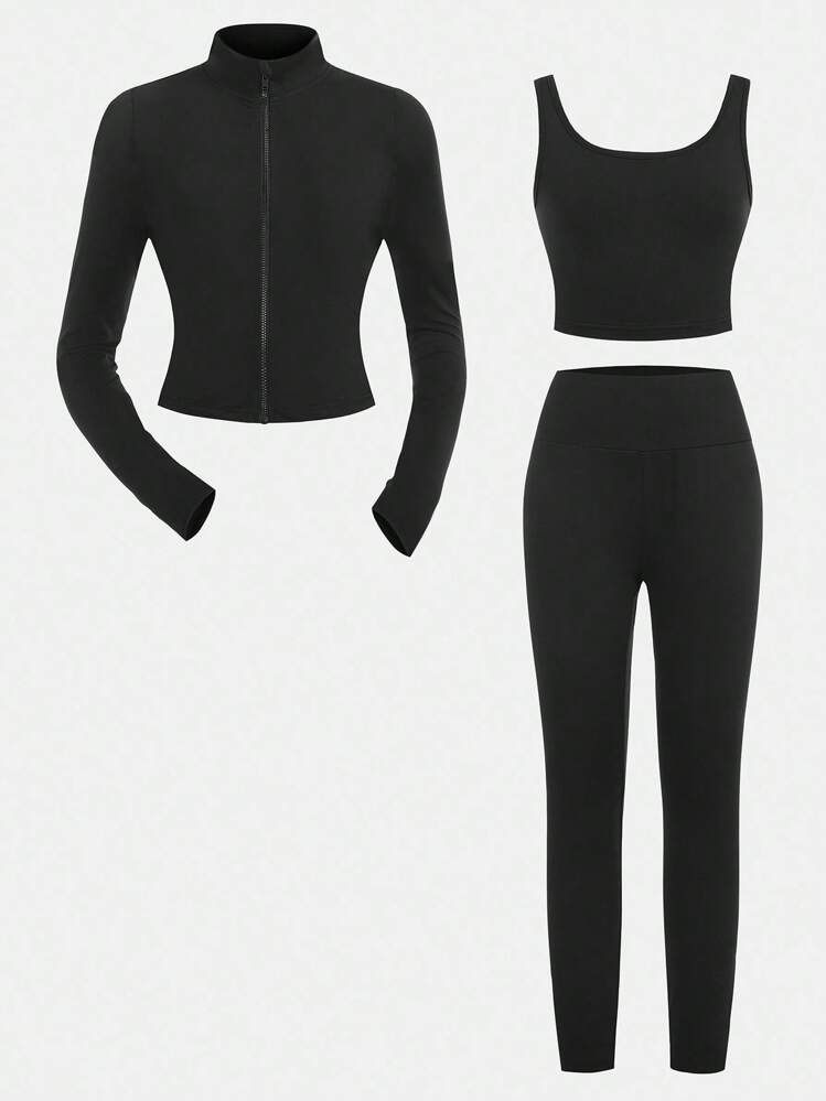 SHEIN Tween Girls Solid Black Knit Zip-Up Jacket + Tank Top + Legging 3Pcs Sportswear Set, Suitable For Casual Daily Wear, For Yoga For Sports Black Outfit Set Black Activewear Set Gym Clothes Fitness Outfit Sportswear Outfit Gym Outfit Fitness Clothes Black Fitness Outfit Fall Winter - Black - View 3