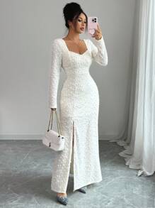 Rafferiza 纯色长袖高开衩优雅秋冬度假约会长裙 - 杏色 - 查看 4