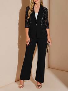 Amorya Women's Contrast Color Lace Single-Button Blazer And Straight Leg Pants Suit SetAutumn And Winter Women's ClothingWork/Officehalloween - Black - View 5