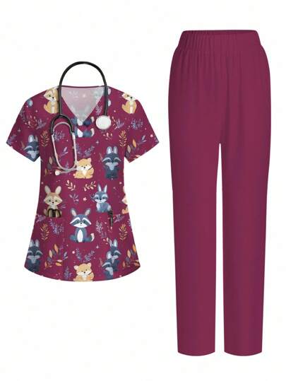 PopScrub Women Cartoon Print Short Sleeve Top And Long Pants Nurse Uniform Set