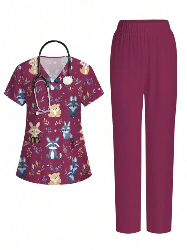 PopScrub Women Cartoon Print Short Sleeve Top And Long Pants Nurse Uniform Set