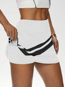 Easithlete A字形撞色双腰带拼接短裤口袋运动裙，春夏 - 白色 - 查看 2