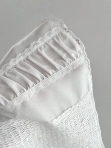 Elamini Áo hai dây ngắn tay ôm vừa vặn, thường ngày, đa năng, phối ren ngọt ngào - trắng - Xem 5
