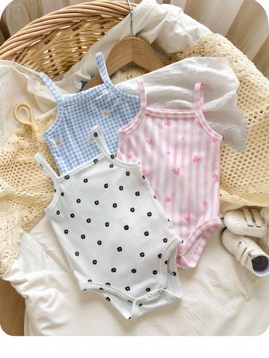 Bộ 3 áo liền quần dệt kim họa tiết kẻ caro và hoa dễ thương cho bé gái sơ sinh mùa hè - Nhiều màu - Xem 1