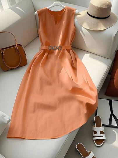 SHEIN Clasi Vestido naranja elegante de mujer con cintura ceñida y vuelo, con decoración de anillo metálico redondo, escote en V, cintura ceñida, para primavera y verano