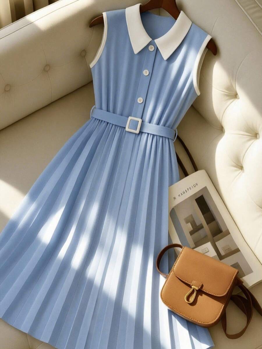 Franclia 女士优雅通勤撞色领无袖褶皱连衣裙，夏季大学校园连衣裙 - 淺藍色 - 查看 1