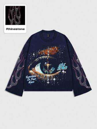 Grunge Punk Camiseta de manga larga con estampado de diamantes brillantes para hombre, estilo holgado y corto, estilo de los años 2000