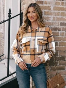 EMERY ROSE Veste à carreaux - Kaki - Voir 4