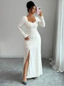 Rafferiza 纯色长袖高开衩优雅秋冬度假约会长裙 - 杏色 - 查看 6