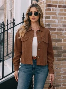EMERY ROSE Cazadora unicolor con botón delantero con diseño con bolsillo - Marrón - Ver 3