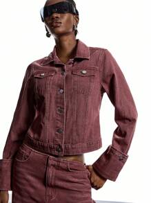LYSMO Áo khoác denim cổ điển giặt thường ngày dành cho nữ - màu nâu - Xem 3
