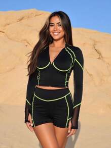 Innovista Woman Contrast Stitching Sports Sets Sophisticated Two Tone Design Workout Clothes Athletic Outfits Training Breathable Active Crop Top Zip Up Jacket T-Shirt With Booty Lifting Shorts Phone Card Pocket Bottom Two Pieces Daily Yoga Cycle Biker HIIT Office To Court Brunch To Gym Two Pieces Multi Function Athleisure All Day Stretchy Activewear Look Utilitarian Chic, Neon Line