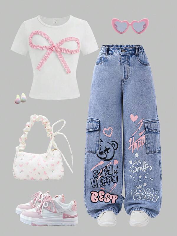 Sweetra Young Pantalon cargo en jean à jambes larges pour préadolescentes, style mode de rue chic décontracté et sportif, recommandé pour l'école, les vacances, noir + cœur rose + imprimé anglais mignon et doux