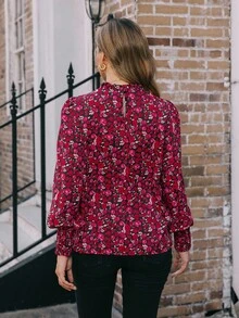 EMERY ROSE 全身花卉印花荷叶边领灯笼袖衬衫，适合新年衣服，长袖上衣 - 紅色 - 查看 2