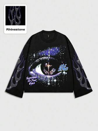 Grunge Punk Camiseta de manga larga con estampado de diamantes brillantes para hombre, corte holgado, otoño, estilo de los años 2000