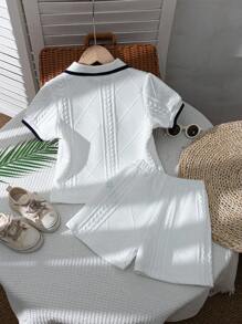 夏季新款休闲纹理针织 Polo 衫 T 恤 + 宽松短裤 2 件套年轻男孩服装，学院风 - 白色 - 查看 2