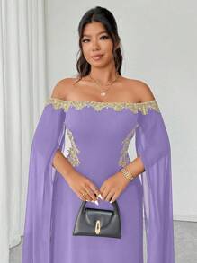 SHEIN Unity 大码女式性感优雅百搭日常金色花卉装饰肩部透视披肩，修身腰部金色贴花长款美人鱼下摆紧身连衣裙，适合春夏季 - 淡紫色 - 查看 7